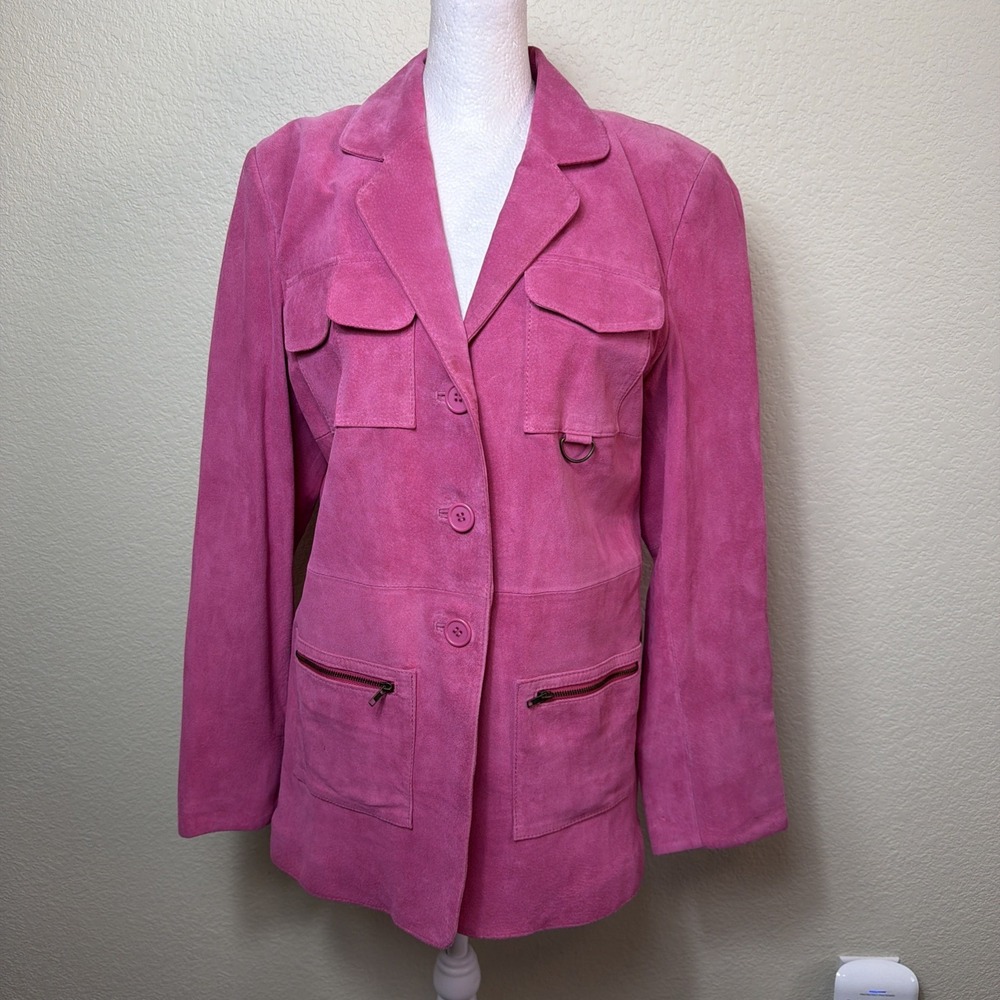 Pretty Face Leather Jacket M Pink Suede Safari Utility Blazer Coat Womens Medium